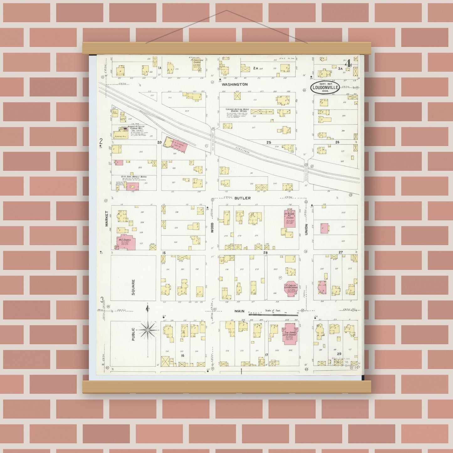 Old map wall art mockup — magnetic wood frame on brick wall — Sanborn Fire Insurance Map from Loudonville, Ashland County, Ohio (1907), Sheet #0004
