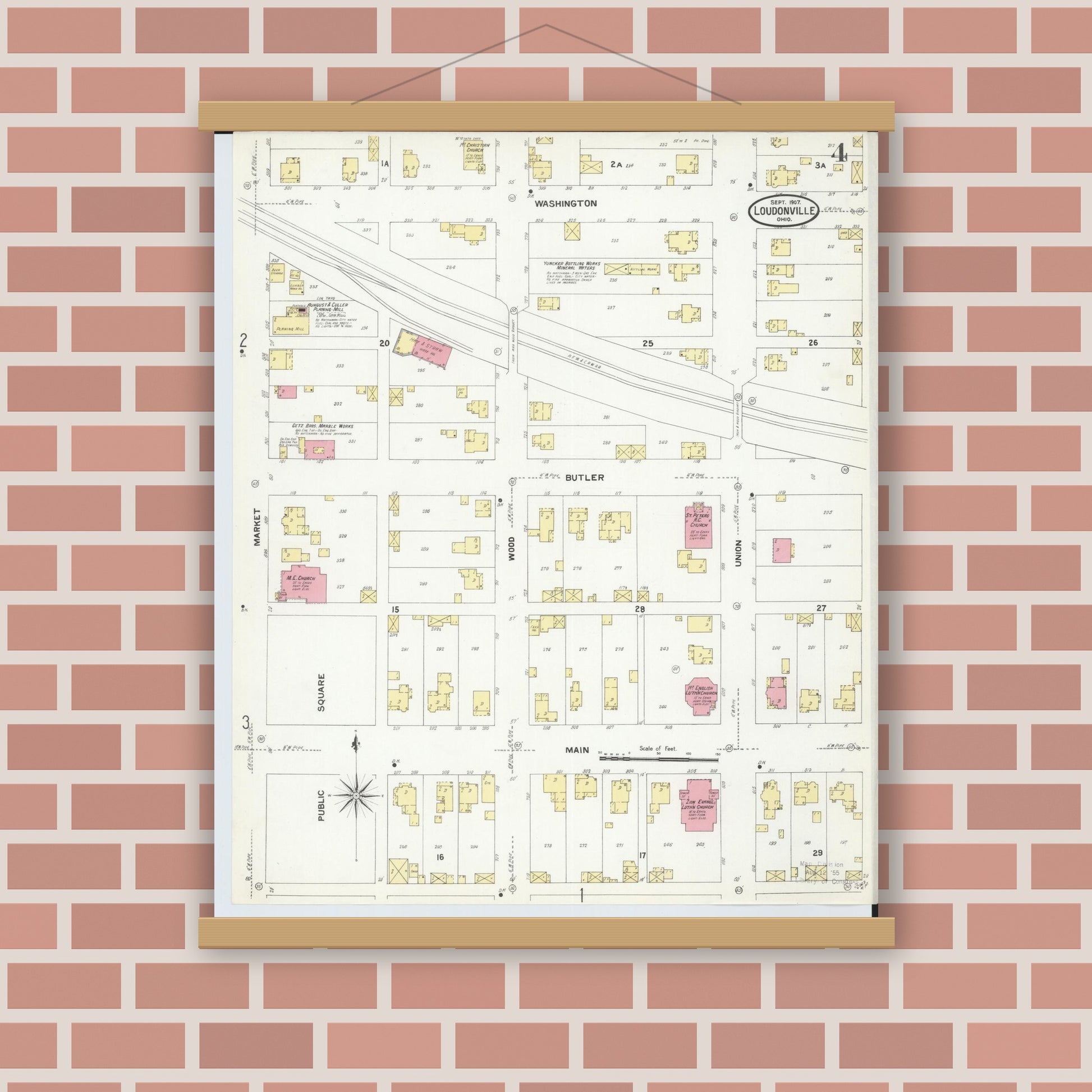 Old map wall art mockup — magnetic wood frame on brick wall — Sanborn Fire Insurance Map from Loudonville, Ashland County, Ohio (1907), Sheet #0004