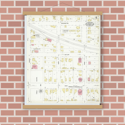 Old map wall art mockup — magnetic wood frame on brick wall — Sanborn Fire Insurance Map from Loudonville, Ashland County, Ohio (1907), Sheet #0004