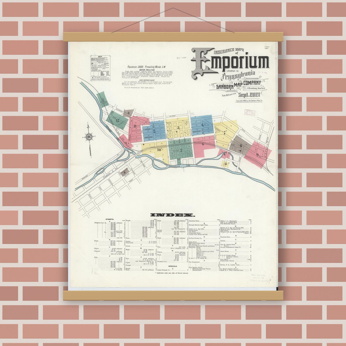 Old map wall art mockup — magnetic wood frame on brick wall — Sanborn Fire Insurance Map from Emporium, Cameron County, Pennsylvania (1909) - Complete Map Set