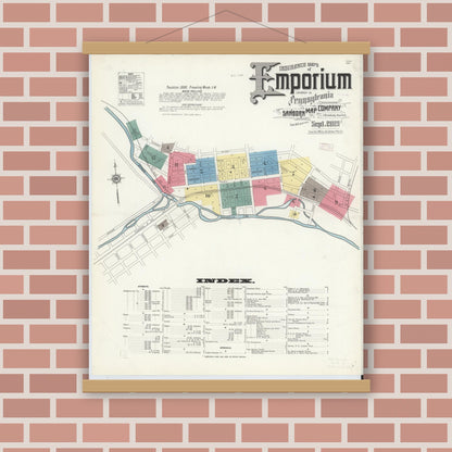 Old map wall art mockup — magnetic wood frame on brick wall — Sanborn Fire Insurance Map from Emporium, Cameron County, Pennsylvania (1909) - Complete Map Set