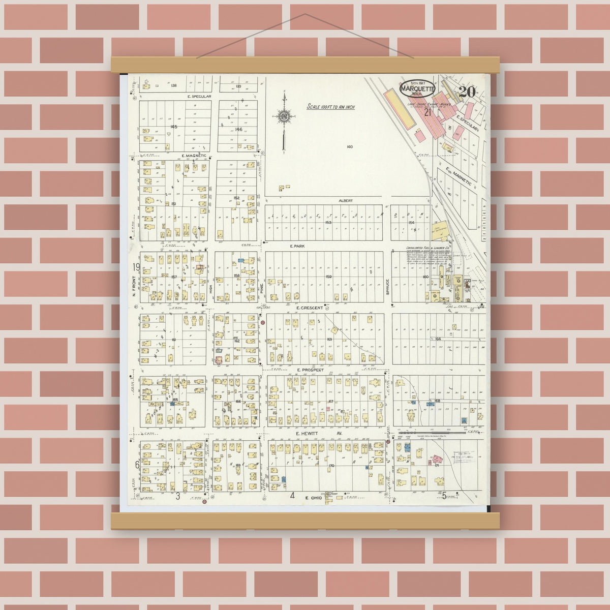 Old map wall art mockup — magnetic wood frame on brick wall — Sanborn Fire Insurance Map from Marquette, Marquette County, Michigan (1917), Sheet #0020
