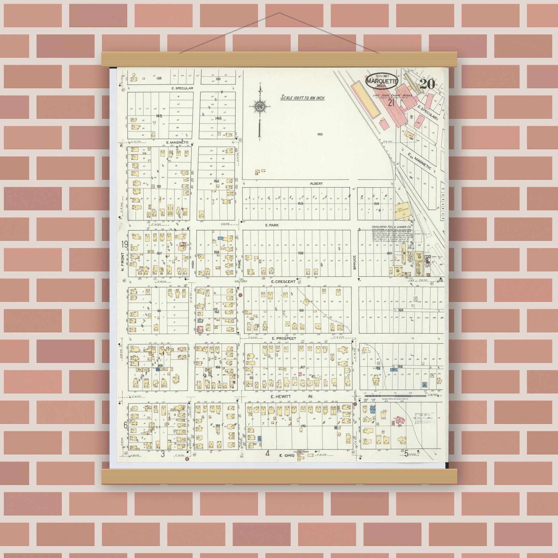 Old map wall art mockup — magnetic wood frame on brick wall — Sanborn Fire Insurance Map from Marquette, Marquette County, Michigan (1917), Sheet #0020
