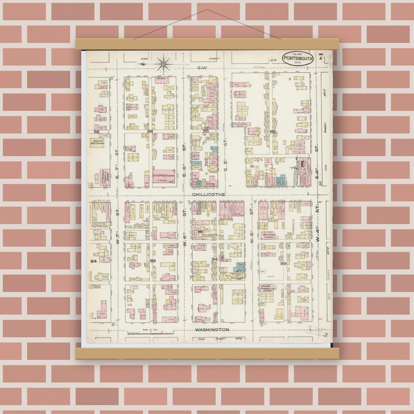 Old map wall art mockup — magnetic wood frame on brick wall — Sanborn Fire Insurance Map from Portsmouth, Scioto County, Ohio (1884), Sheet #0007