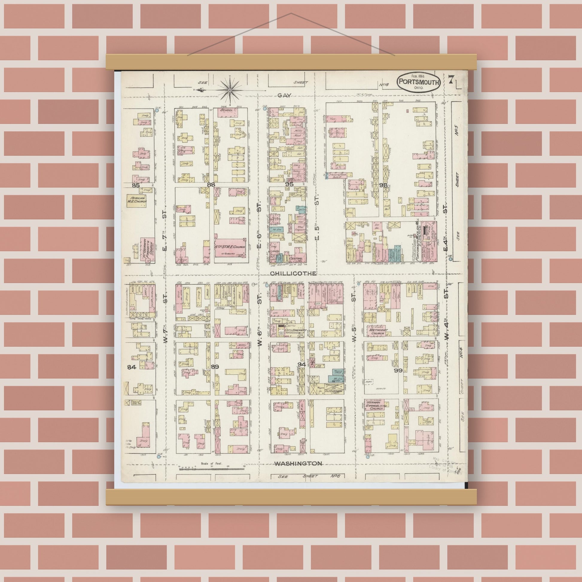 Old map wall art mockup — magnetic wood frame on brick wall — Sanborn Fire Insurance Map from Portsmouth, Scioto County, Ohio (1884), Sheet #0007