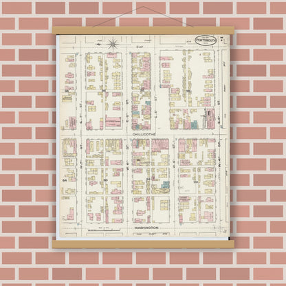 Old map wall art mockup — magnetic wood frame on brick wall — Sanborn Fire Insurance Map from Portsmouth, Scioto County, Ohio (1884), Sheet #0007
