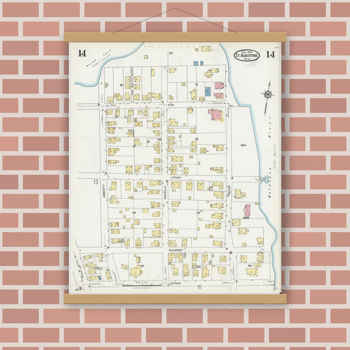 Old map wall art mockup — magnetic wood frame on brick wall — Sanborn Fire Insurance Map from Saint Augustine, Saint John's County, Florida (1924), Sheet #0014
