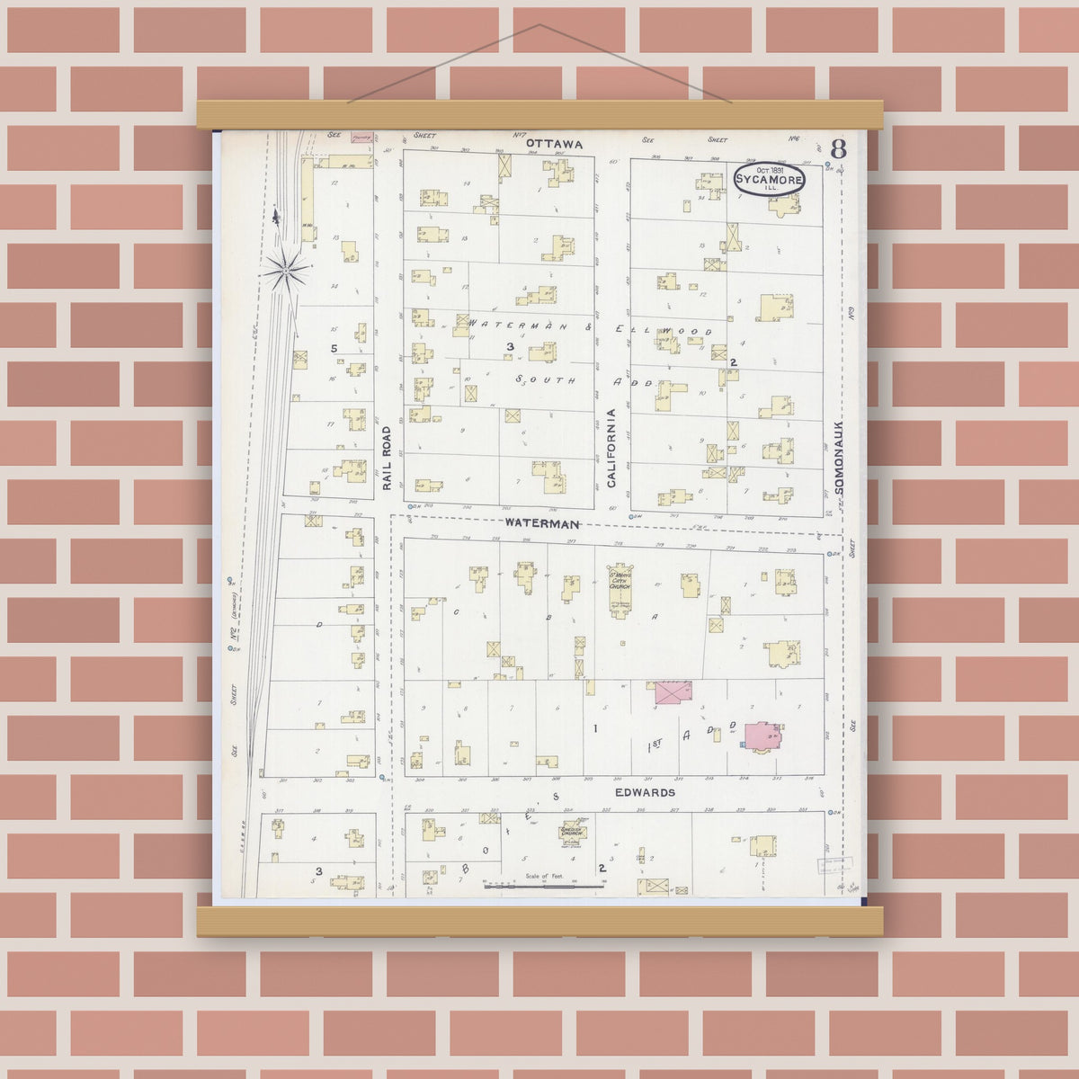 Old map wall art mockup — magnetic wood frame on brick wall — Sanborn Fire Insurance Map from Sycamore, De Kalb County, Illinois (1891), Sheet #0008