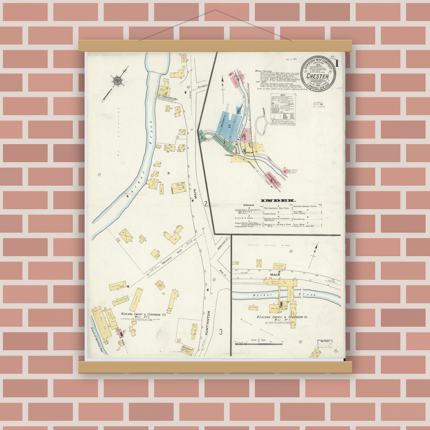 Old map wall art mockup — magnetic wood frame on brick wall — Sanborn Fire Insurance Map from Chester, Hampden County, Massachusetts (1910), Sheet #0001