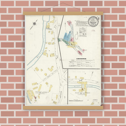 Old map wall art mockup — magnetic wood frame on brick wall — Sanborn Fire Insurance Map from Chester, Hampden County, Massachusetts (1910), Sheet #0001