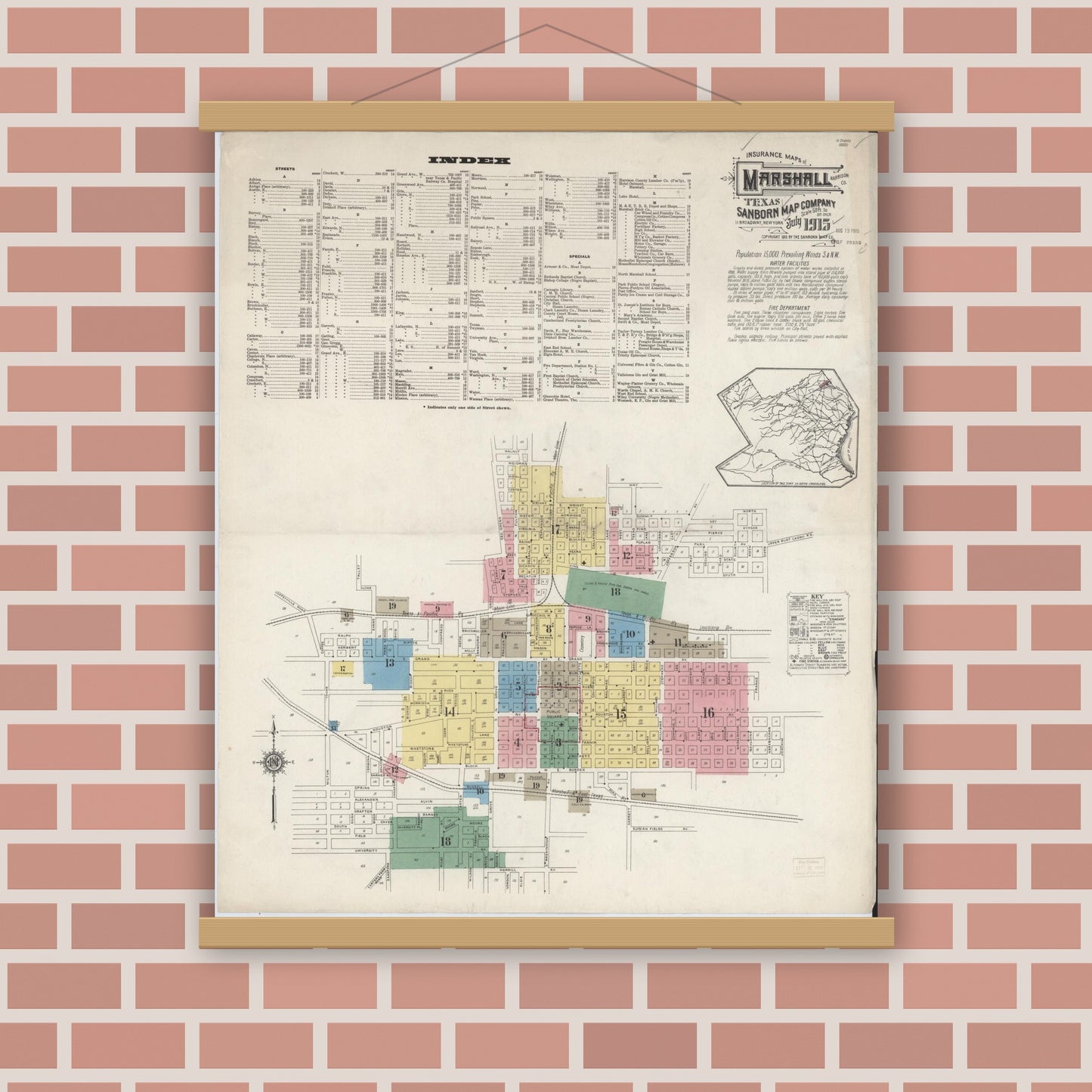Old map wall art mockup — magnetic wood frame on brick wall — Sanborn Fire Insurance Map from Marshall, Harrison County, Texas (1915) - Complete Map Set