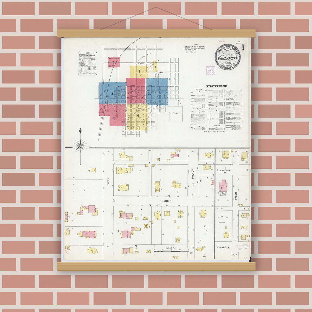 Old map wall art mockup — magnetic wood frame on brick wall — Sanborn Fire Insurance Map from Winchester, Scott County, Illinois (1906) - Complete Map Set