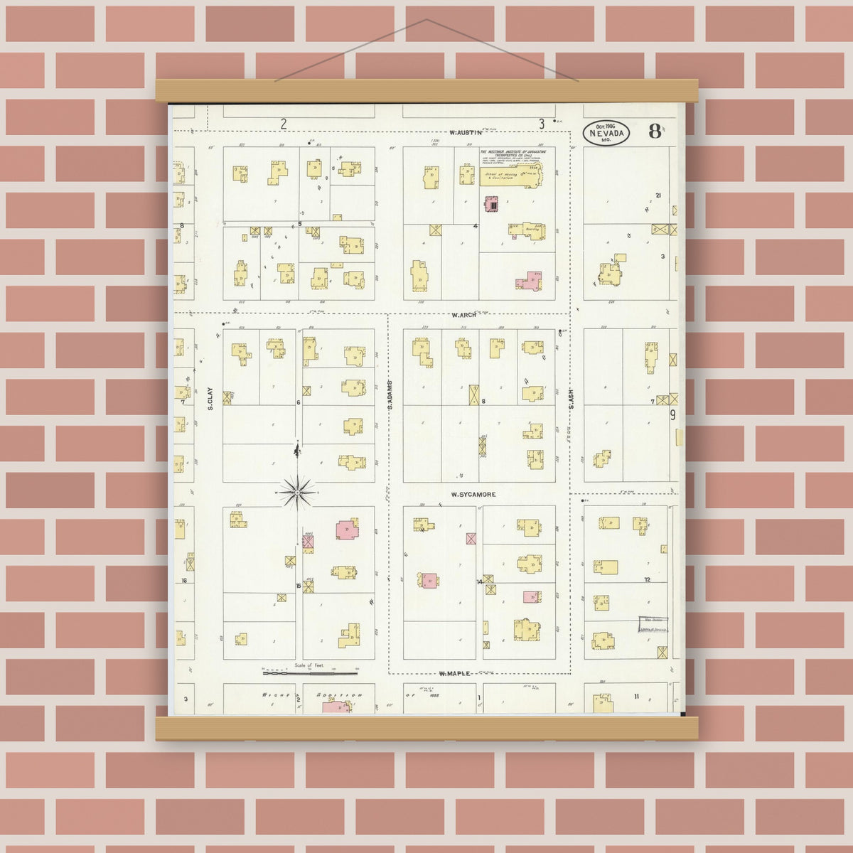 Old map wall art mockup — magnetic wood frame on brick wall — Sanborn Fire Insurance Map from Nevada, Vernon County, Missouri (1906), Sheet #0008