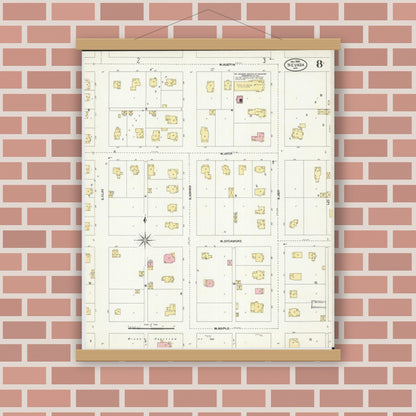 Old map wall art mockup — magnetic wood frame on brick wall — Sanborn Fire Insurance Map from Nevada, Vernon County, Missouri (1906), Sheet #0008