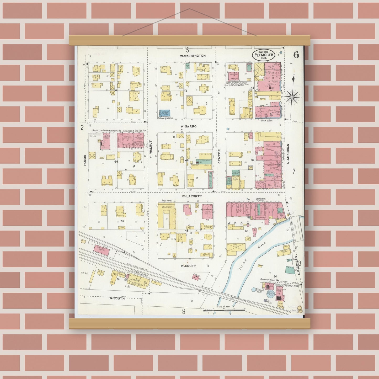 Old map wall art mockup — magnetic wood frame on brick wall — Sanborn Fire Insurance Map from Plymouth, Marhshall County, Indiana (1905), Sheet #0006