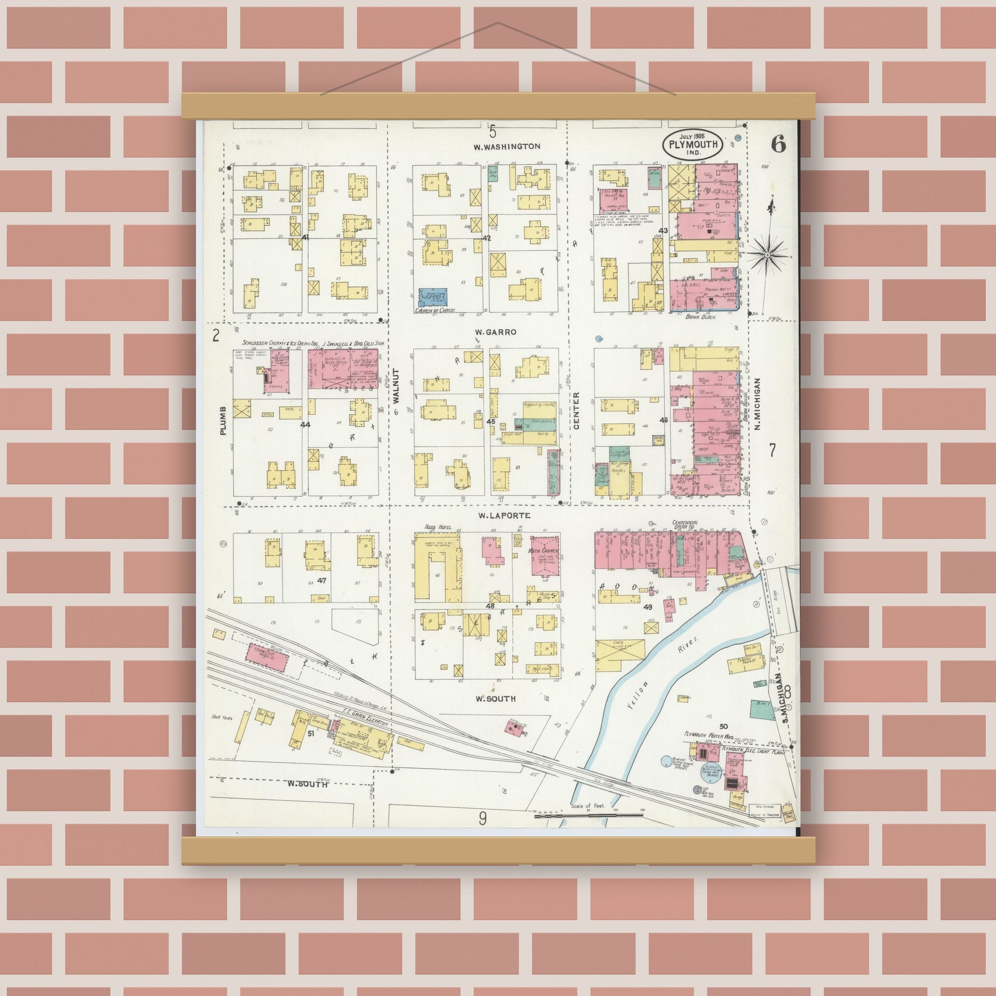 Old map wall art mockup — magnetic wood frame on brick wall — Sanborn Fire Insurance Map from Plymouth, Marhshall County, Indiana (1905), Sheet #0006