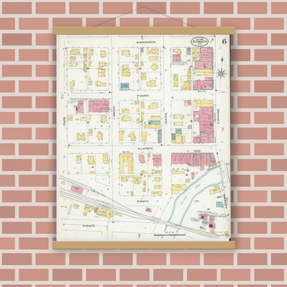 Old map wall art mockup — magnetic wood frame on brick wall — Sanborn Fire Insurance Map from Plymouth, Marhshall County, Indiana (1905), Sheet #0006
