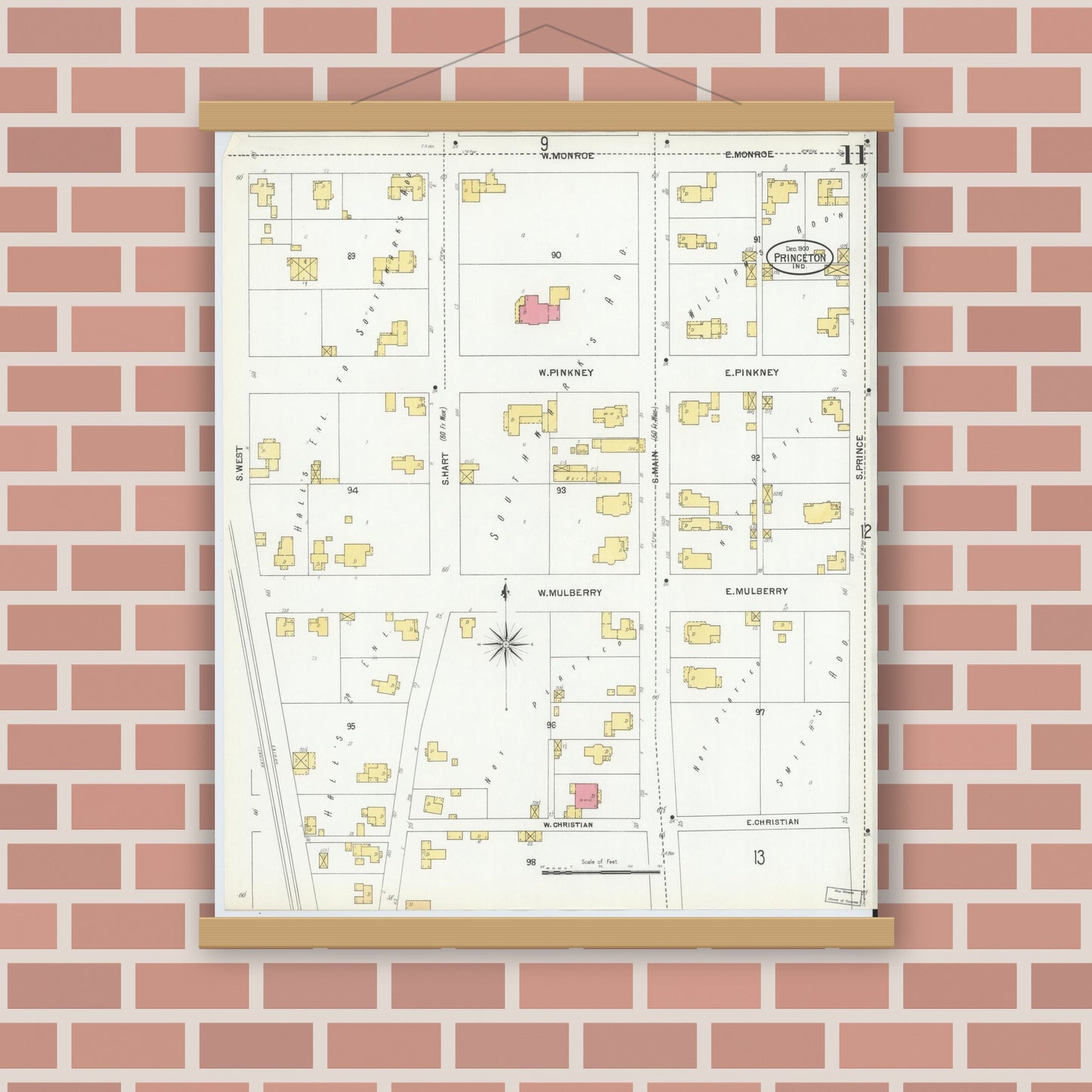 Old map wall art mockup — magnetic wood frame on brick wall — Sanborn Fire Insurance Map from Princeton, Gibson County, Indiana (1900), Sheet #0011