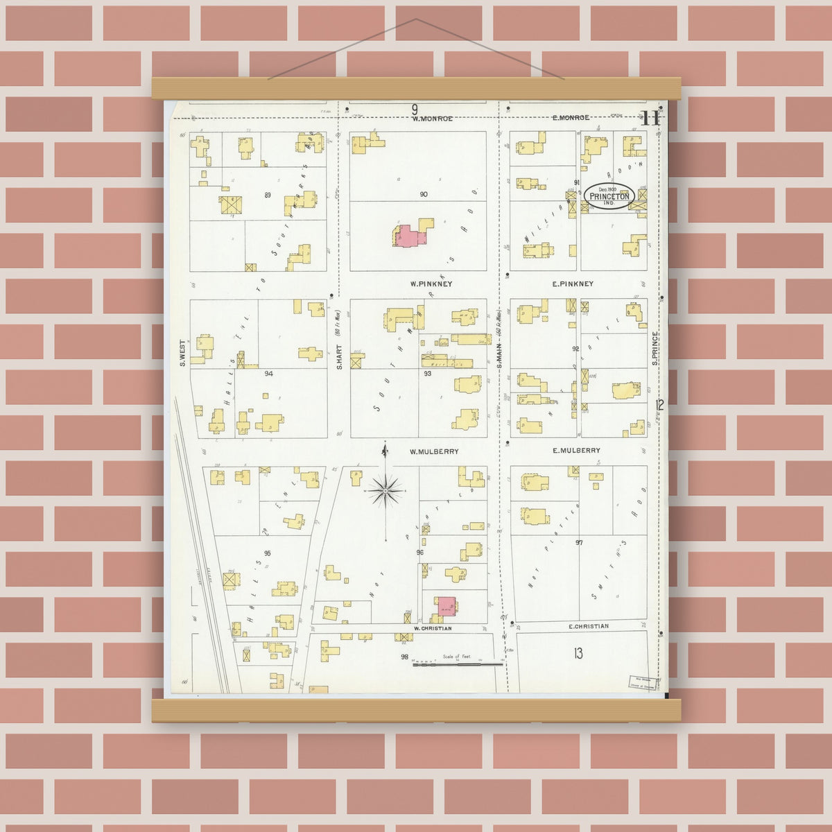 Old map wall art mockup — magnetic wood frame on brick wall — Sanborn Fire Insurance Map from Princeton, Gibson County, Indiana (1900), Sheet #0011