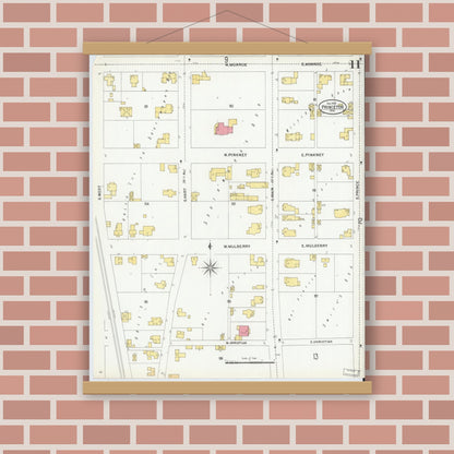 Old map wall art mockup — magnetic wood frame on brick wall — Sanborn Fire Insurance Map from Princeton, Gibson County, Indiana (1900), Sheet #0011