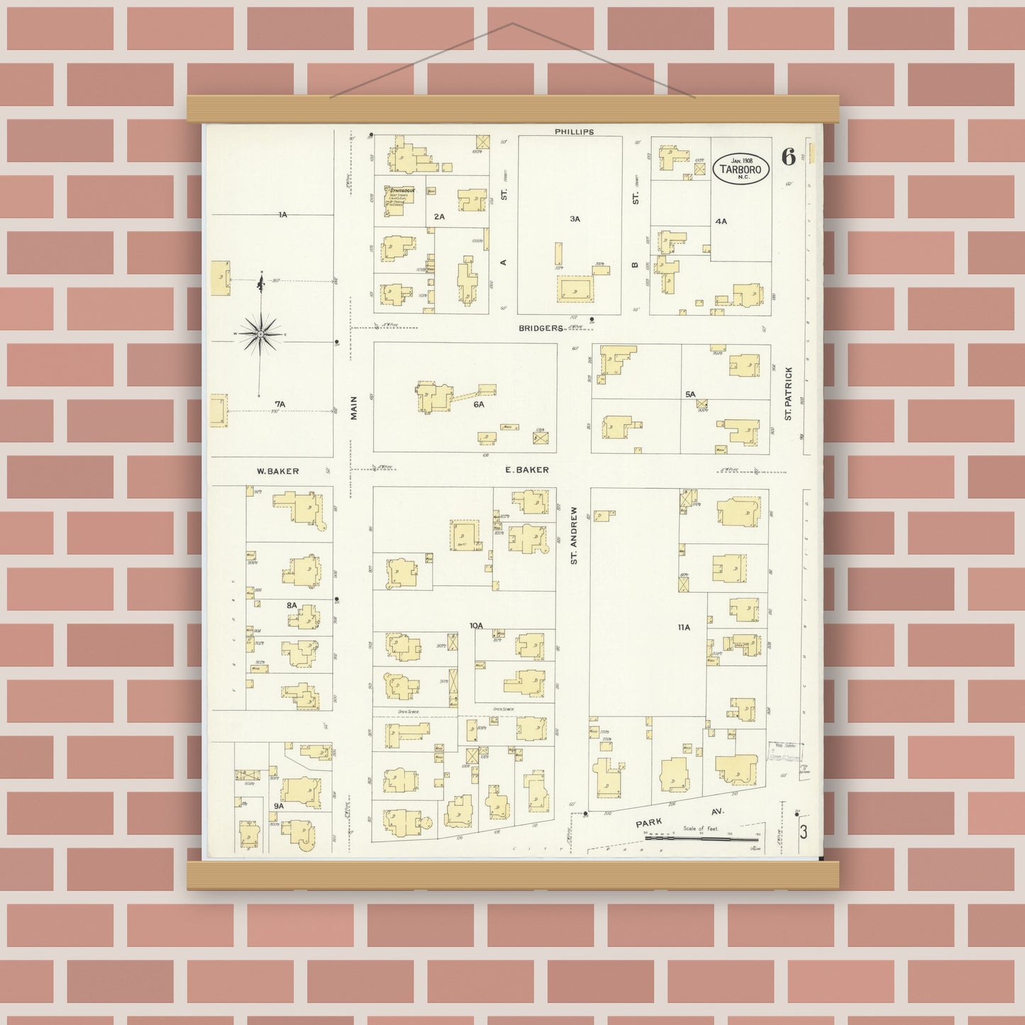 Old map wall art mockup — magnetic wood frame on brick wall — Sanborn Fire Insurance Map from Tarboro, Edgecombe County, North Carolina (1908), Sheet #0006