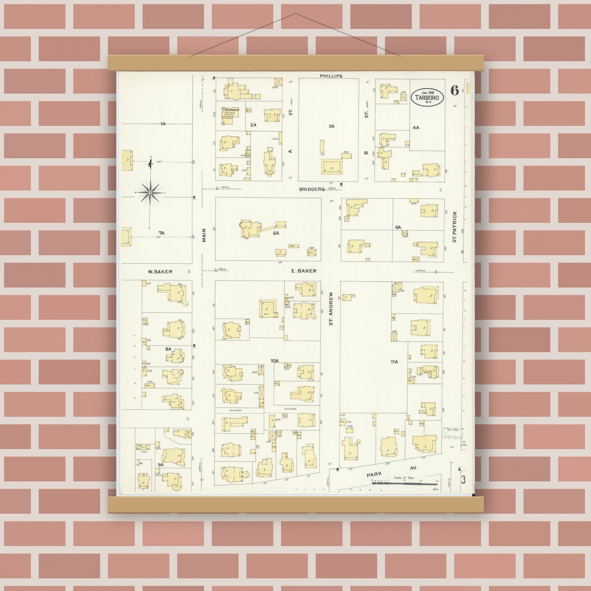 Old map wall art mockup — magnetic wood frame on brick wall — Sanborn Fire Insurance Map from Tarboro, Edgecombe County, North Carolina (1908), Sheet #0006