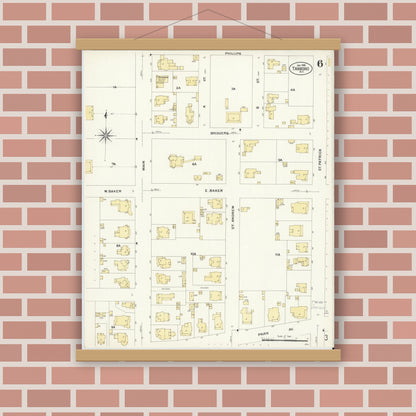 Old map wall art mockup — magnetic wood frame on brick wall — Sanborn Fire Insurance Map from Tarboro, Edgecombe County, North Carolina (1908), Sheet #0006