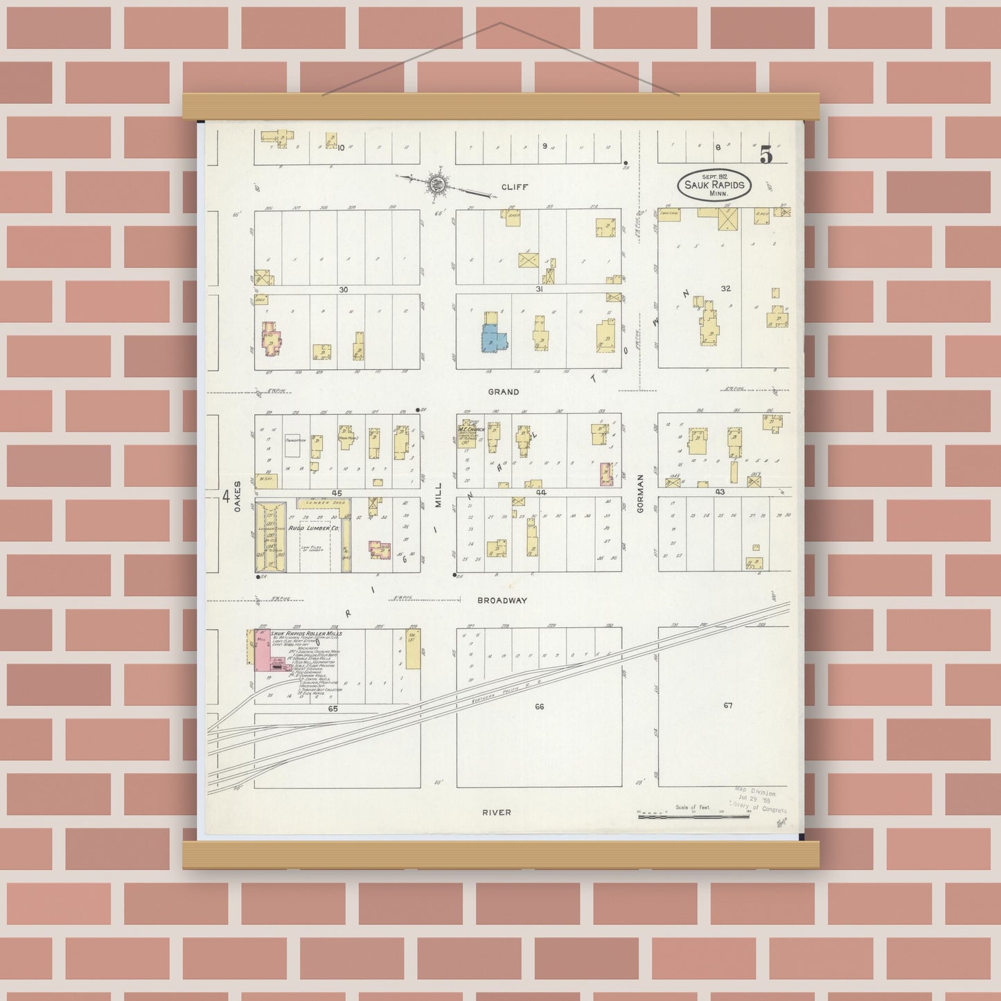 Old map wall art mockup — magnetic wood frame on brick wall — Sanborn Fire Insurance Map from Sauk Rapids, Benton County, Minnesota (1912), Sheet #0005