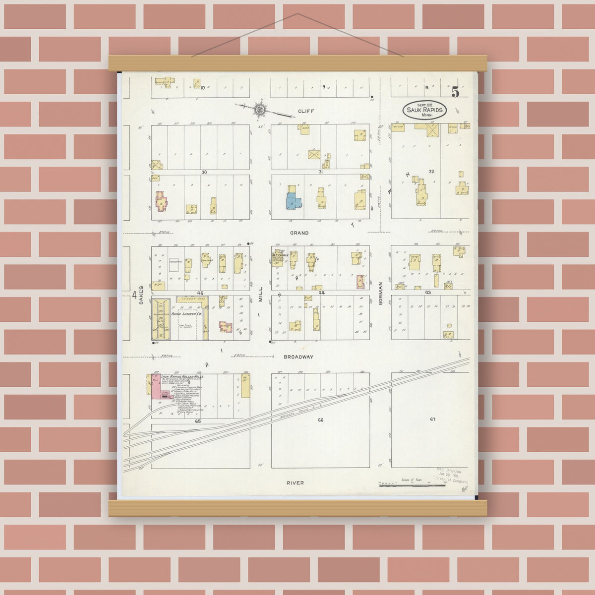 Old map wall art mockup — magnetic wood frame on brick wall — Sanborn Fire Insurance Map from Sauk Rapids, Benton County, Minnesota (1912), Sheet #0005