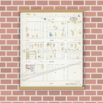 Old map wall art mockup — magnetic wood frame on brick wall — Sanborn Fire Insurance Map from Sauk Rapids, Benton County, Minnesota (1912), Sheet #0005