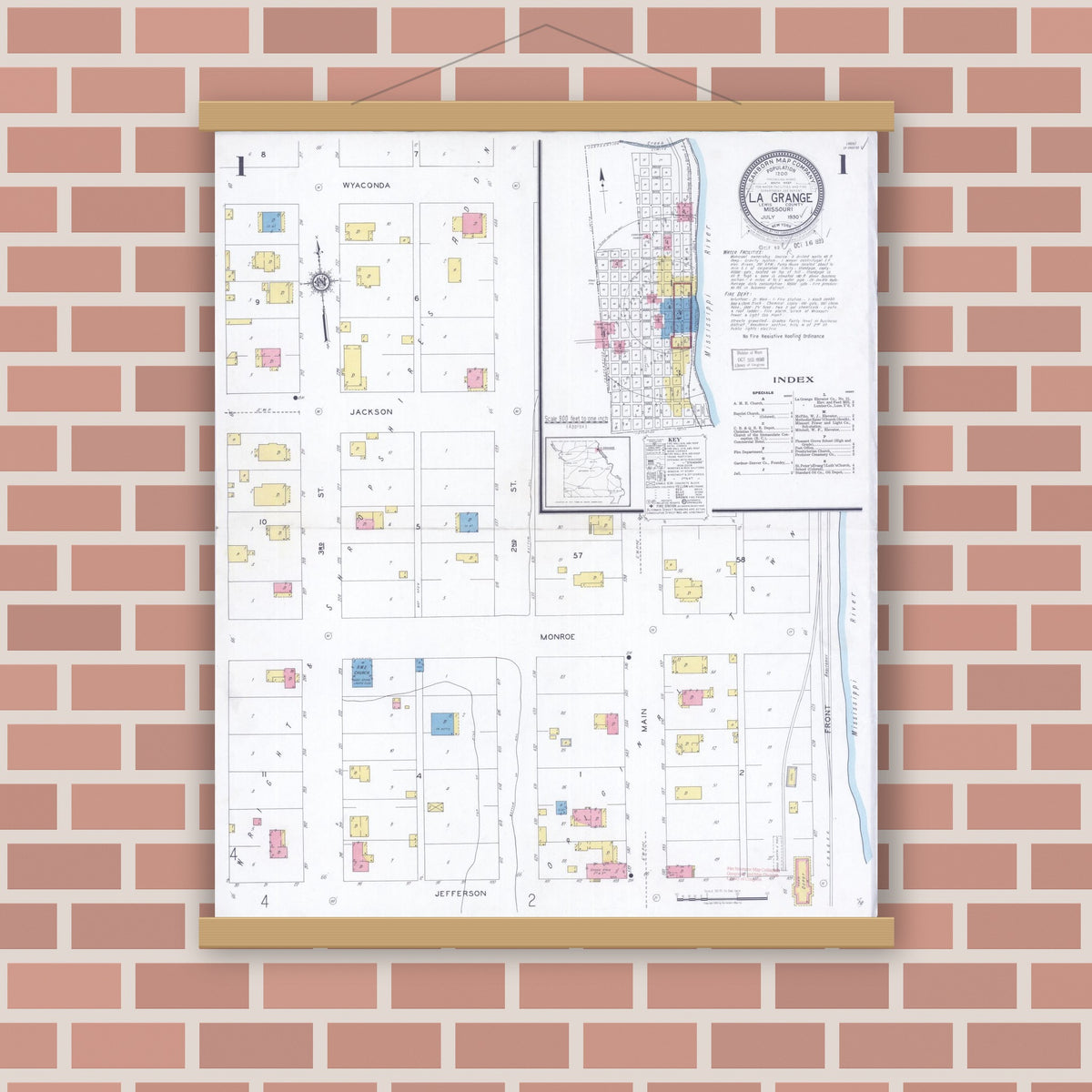 Old map wall art mockup — magnetic wood frame on brick wall — Sanborn Fire Insurance Map from La Grange, Lewis County, Missouri (1930) - Complete Map Set