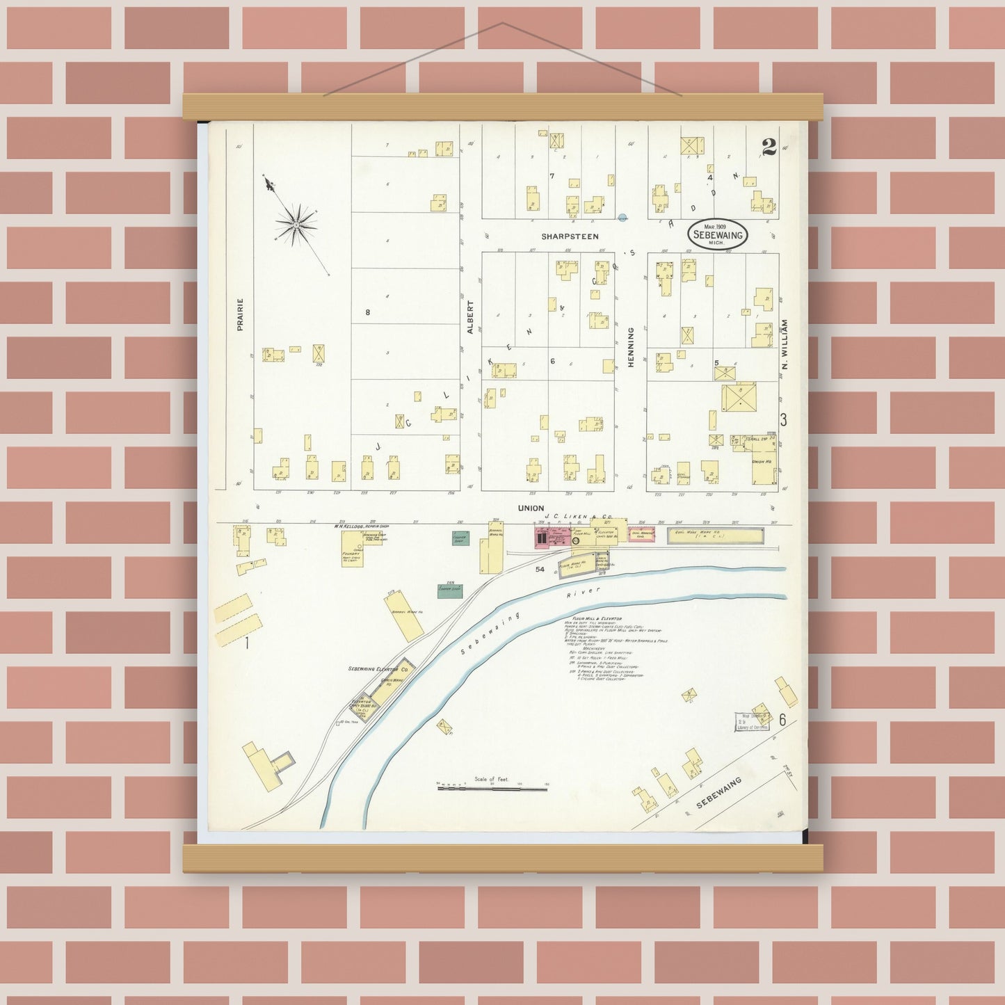 Old map wall art mockup — magnetic wood frame on brick wall — Sanborn Fire Insurance Map from Sebewaing, Huron County, Michigan (1909), Sheet #0002