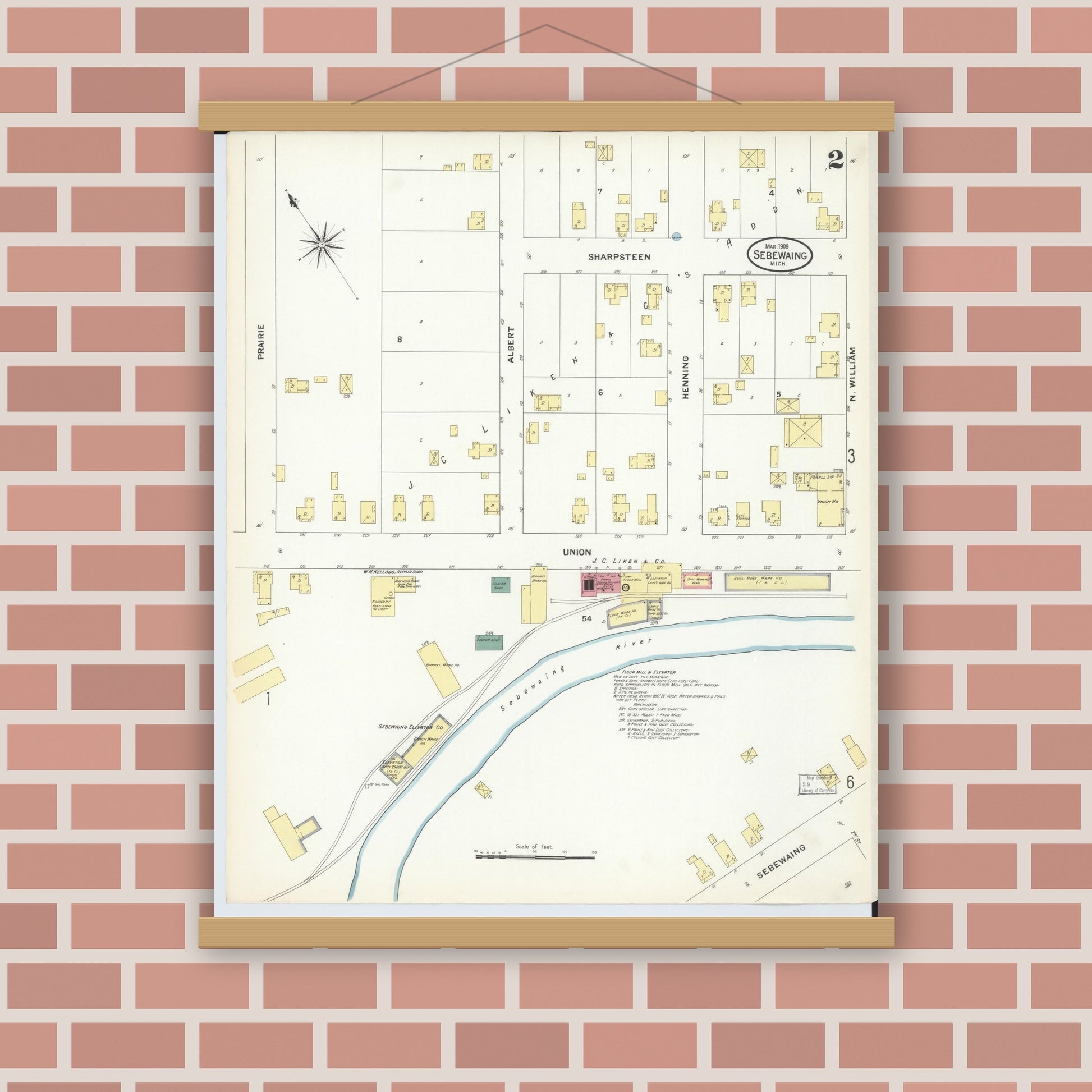 Old map wall art mockup — magnetic wood frame on brick wall — Sanborn Fire Insurance Map from Sebewaing, Huron County, Michigan (1909), Sheet #0002
