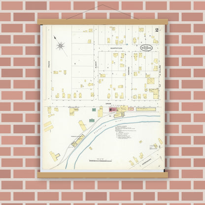 Old map wall art mockup — magnetic wood frame on brick wall — Sanborn Fire Insurance Map from Sebewaing, Huron County, Michigan (1909), Sheet #0002