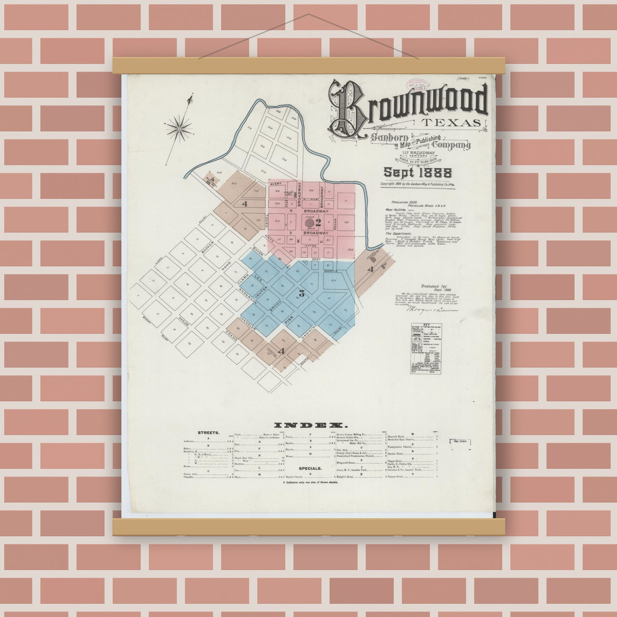 Old map wall art mockup — magnetic wood frame on brick wall — Sanborn Fire Insurance Map from Brownwood, Brown County, Texas (1888) - Complete Map Set