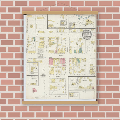 Old map wall art mockup — magnetic wood frame on brick wall — Sanborn Fire Insurance Map from North Branch, Lapeer County, Michigan (1895), Sheet #0001