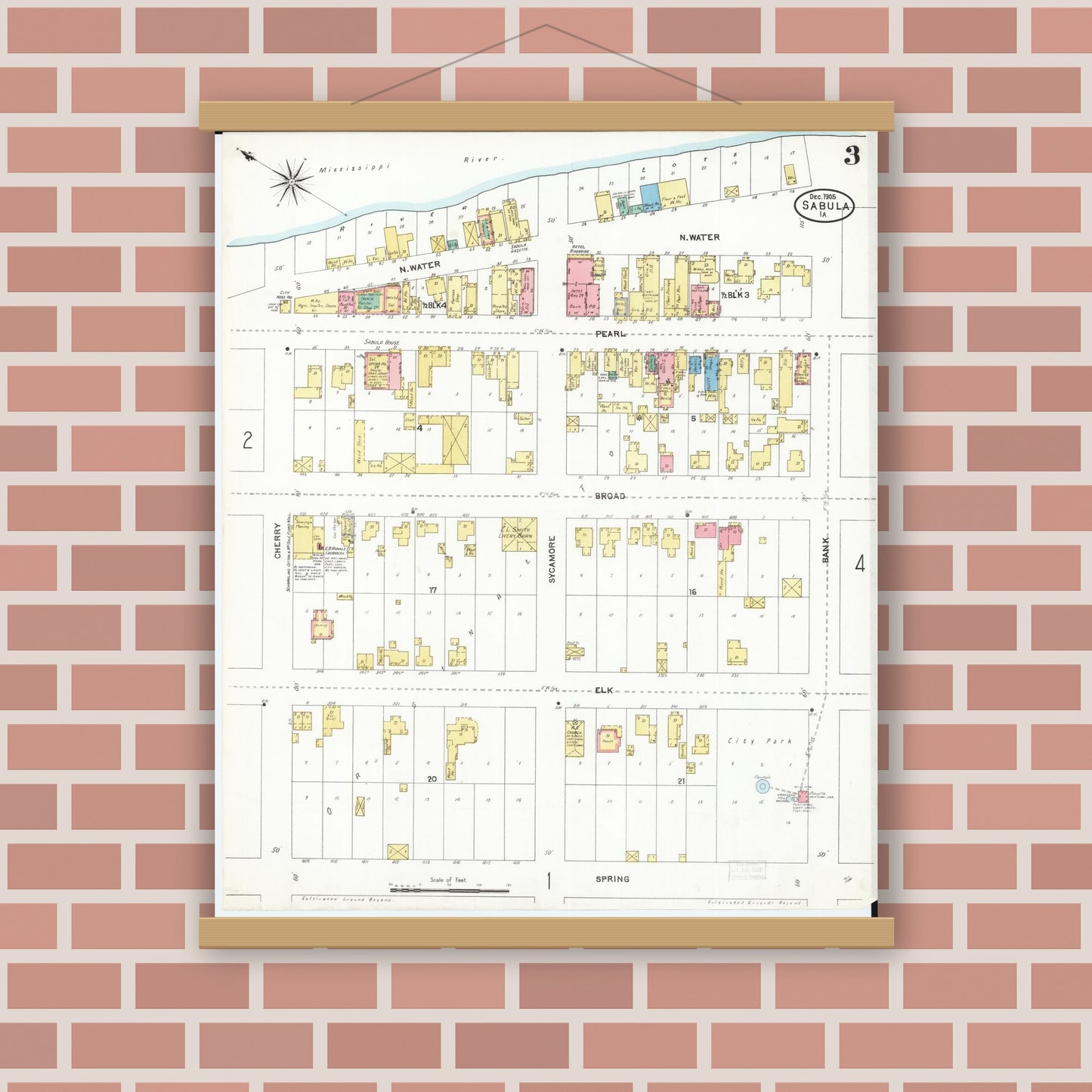 Old map wall art mockup — magnetic wood frame on brick wall — Sanborn Fire Insurance Map from Sabula, Jackson County, Iowa (1905), Sheet #0003