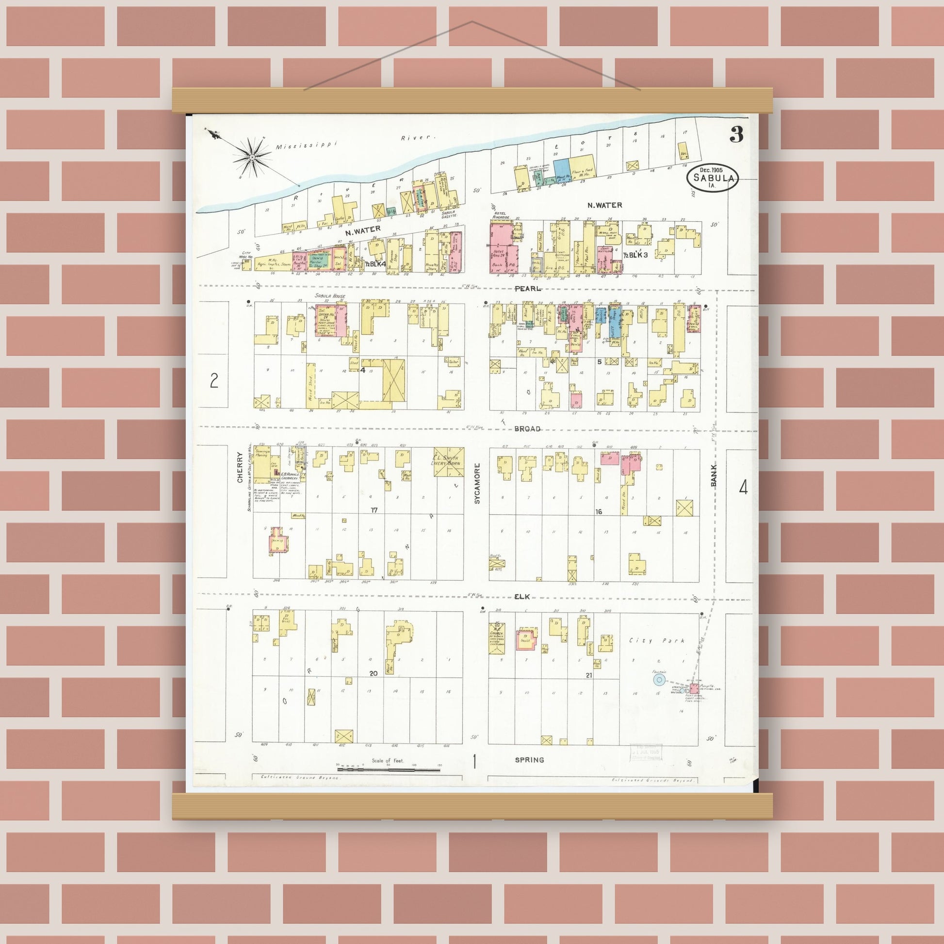 Old map wall art mockup — magnetic wood frame on brick wall — Sanborn Fire Insurance Map from Sabula, Jackson County, Iowa (1905), Sheet #0003