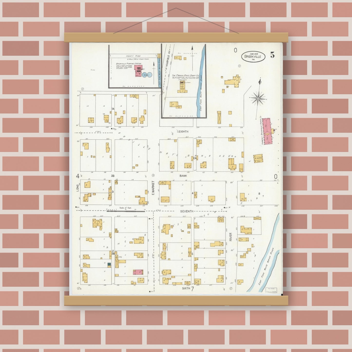 Old map wall art mockup — magnetic wood frame on brick wall — Sanborn Fire Insurance Map from Brookville, Franklin County, Indiana (1906), Sheet #0005