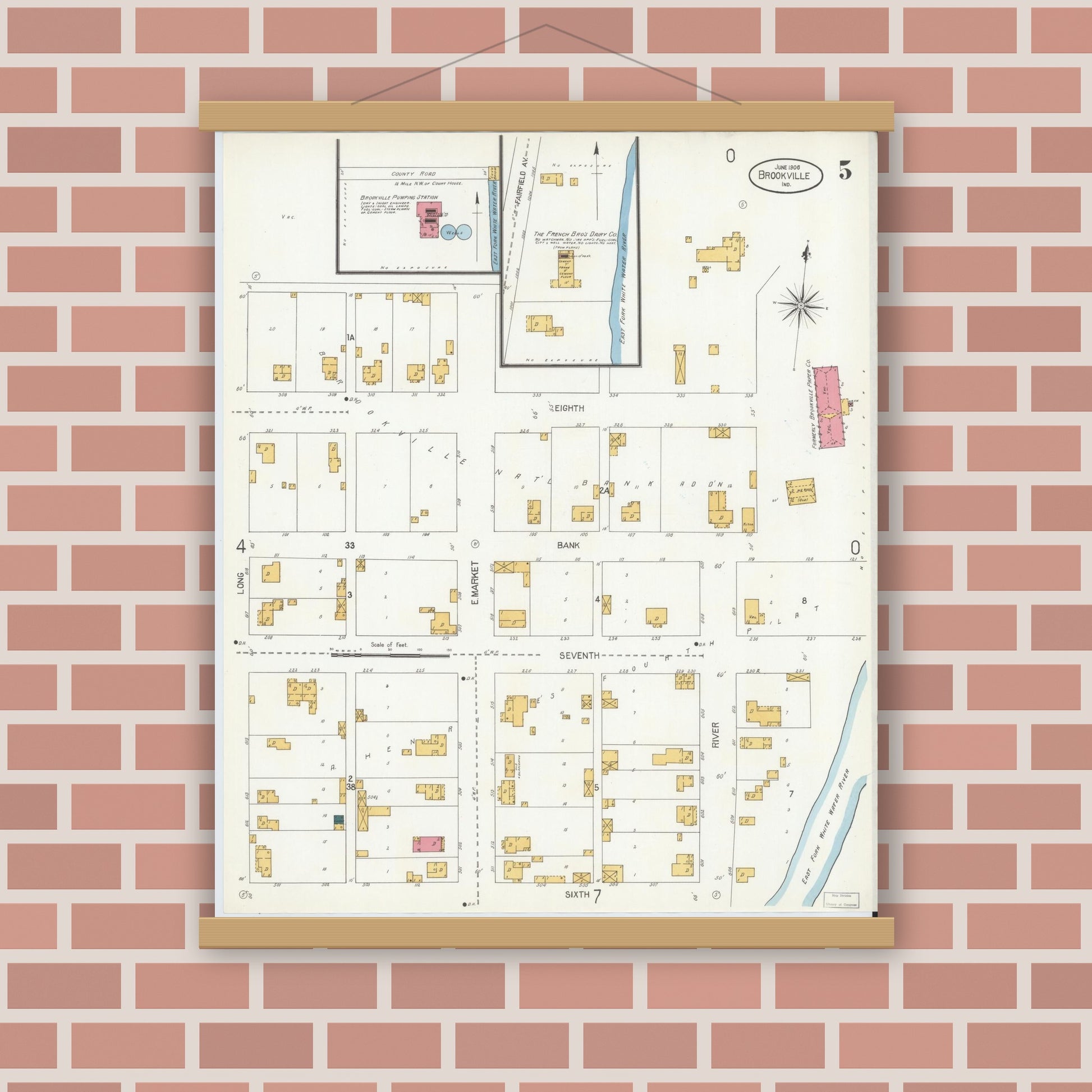 Old map wall art mockup — magnetic wood frame on brick wall — Sanborn Fire Insurance Map from Brookville, Franklin County, Indiana (1906), Sheet #0005
