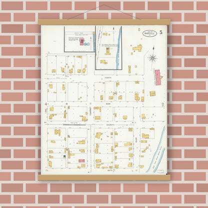 Old map wall art mockup — magnetic wood frame on brick wall — Sanborn Fire Insurance Map from Brookville, Franklin County, Indiana (1906), Sheet #0005