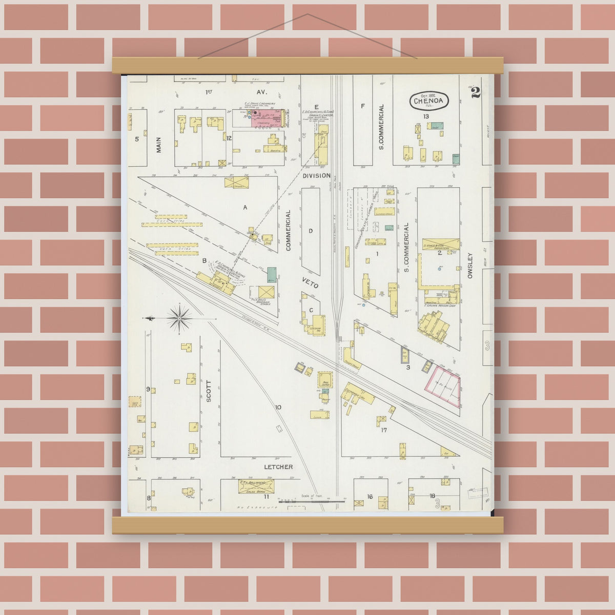 Old map wall art mockup — magnetic wood frame on brick wall — Sanborn Fire Insurance Map from Chenoa, McLean County, Illinois (1892), Sheet #0002