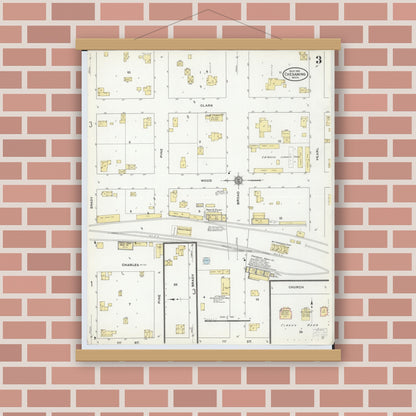 Old map wall art mockup — magnetic wood frame on brick wall — Sanborn Fire Insurance Map from Chesaning, Saginaw County, Michigan (1910), Sheet #0003