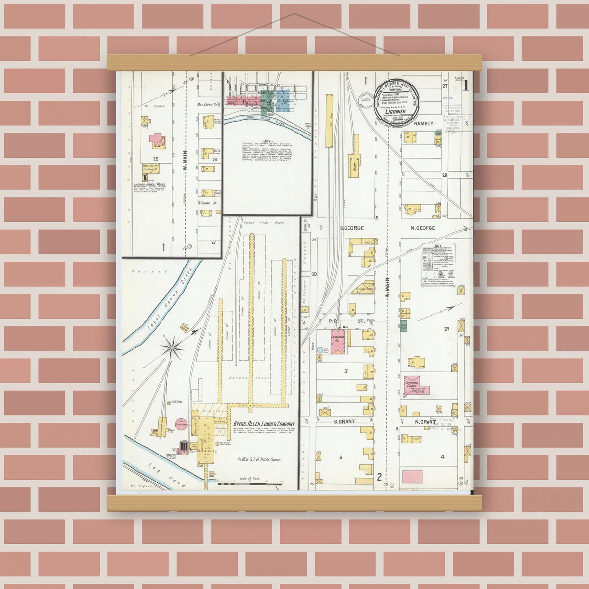 Old map wall art mockup — magnetic wood frame on brick wall — Sanborn Fire Insurance Map from Ligonier, Westmoreland County, Pennsylvania (1900), Sheet #0001