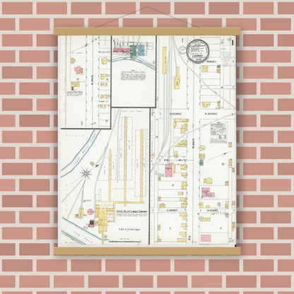 Old map wall art mockup — magnetic wood frame on brick wall — Sanborn Fire Insurance Map from Ligonier, Westmoreland County, Pennsylvania (1900), Sheet #0001