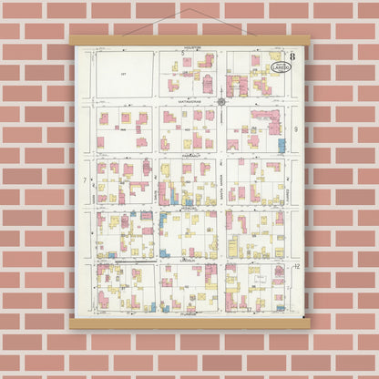 Old map wall art mockup — magnetic wood frame on brick wall — Sanborn Fire Insurance Map from Laredo, Webb County, Texas (1916), Sheet #0008