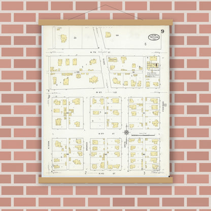 Old map wall art mockup — magnetic wood frame on brick wall — Sanborn Fire Insurance Map from Taylor, Williamson County, Texas (1916), Sheet #0009