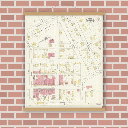 Old map wall art mockup — magnetic wood frame on brick wall — Sanborn Fire Insurance Map from Oakland City, Gibson County, Indiana (1913), Sheet #0003