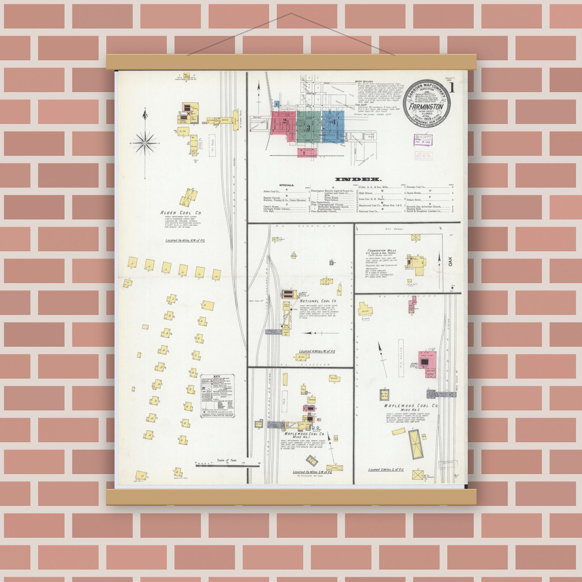 Old map wall art mockup — magnetic wood frame on brick wall — Sanborn Fire Insurance Map from Farmington, Fulton County, Illinois (1909), Sheet #0001
