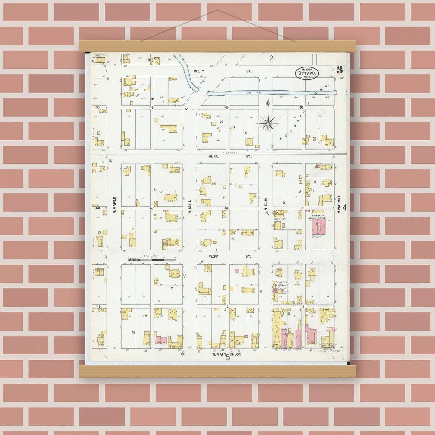 Old map wall art mockup — magnetic wood frame on brick wall — Sanborn Fire Insurance Map from Ottawa, Putnam County, Ohio (1900), Sheet #0003